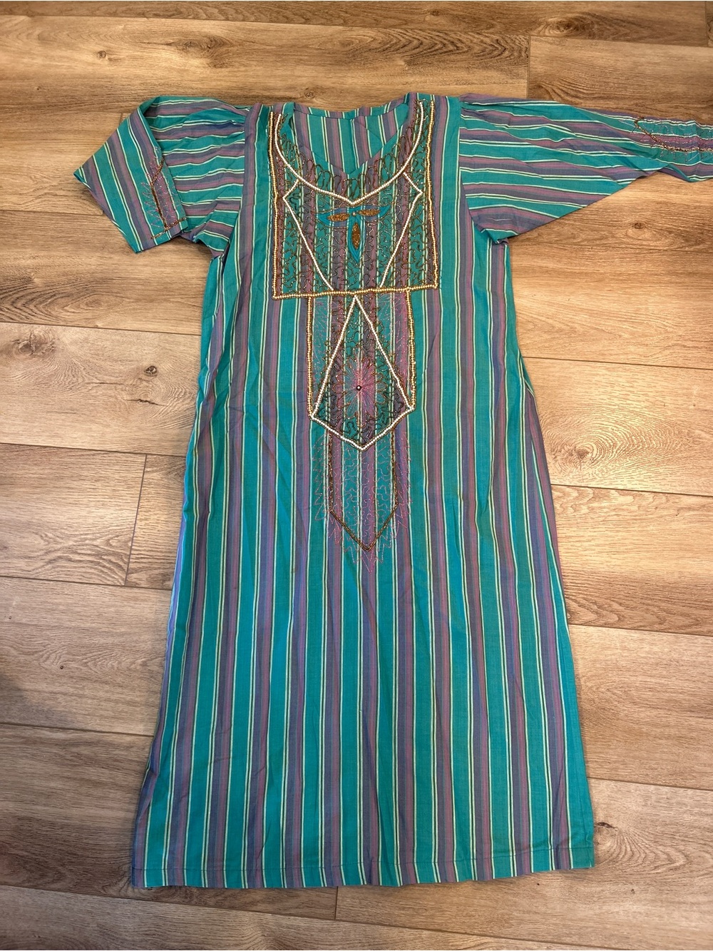 Embroidered Striped maxiTunic Dress in Teal and Purple handmade and beaded